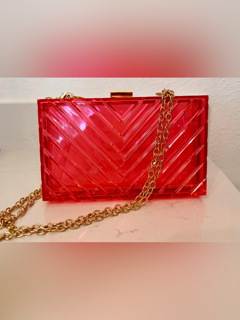 NWOT Translucent Pink Acrylic Clutch with Gold Hardware and Adjustable Chain